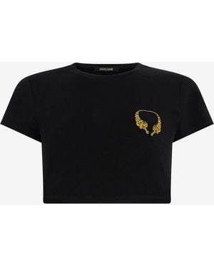 Roberto Cavalli Cotton Crop Top With Tigers - Black
