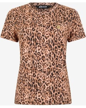 Roberto Cavalli Cotton T-Shirt With Leopard Skin Print - Multicolour