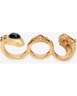 Roberto Cavalli Anillo Dorado De Tres Dedos Con Piedras Negras Y Rubí - Multicolor