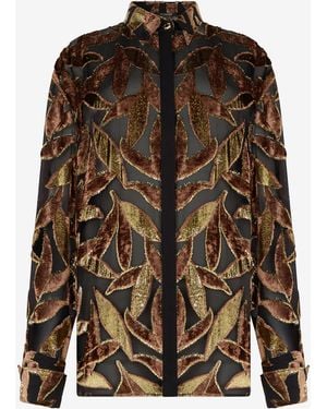Roberto Cavalli Chocolate Sheer Shirt With Foliage Motif - Brown