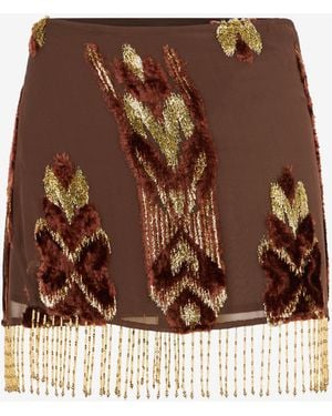 Roberto Cavalli Mini Skirt With Fil Coupé Details And Fringes - Brown