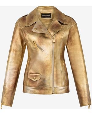 Roberto Cavalli Laminated Leather Biker Jacket - Natural