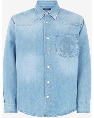Roberto Cavalli Denim Shirt With Mirror Snake Monogram - Blue