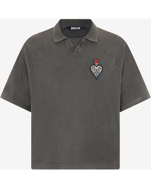 Roberto Cavalli Polo Gris Avec Détail Brodé