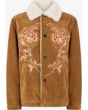 Roberto Cavalli Suede Leather Jacket With Flowers And Tigers - Brown