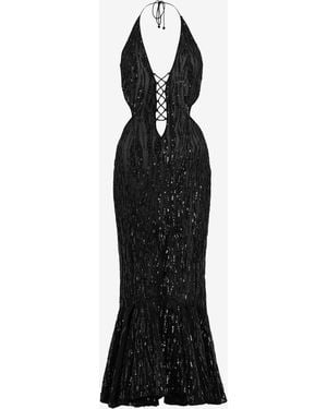 Roberto Cavalli Long Fitted Dress With Sequins And Cut-Out - Black