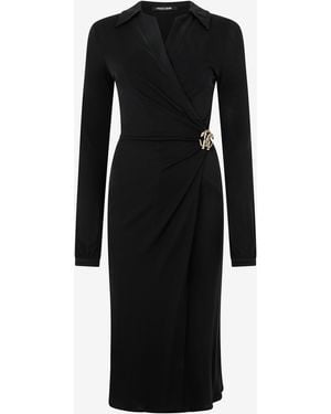 Roberto Cavalli Midi Dress With Mirror Snake Monogram - Black