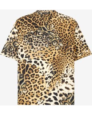 Roberto Cavalli Cotton T-Shirt With Leopard Print - Metallic