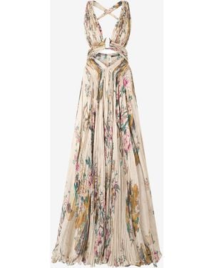 Roberto Cavalli Extra-Long Silk Dress With Oriental Bird Print - Natural