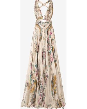 Roberto Cavalli Extra-Long Silk Dress With Oriental Bird Print - Natural