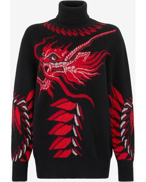 Roberto Cavalli Langer Pullover Mit Motiv Und Drachen - Rot