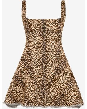 Roberto Cavalli Flared Dress With Bbay Jaguar Print And Frayed Edges - Natural