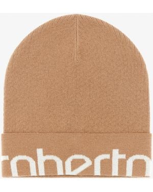 Roberto Cavalli Wool Blend Beanie With Logo - Natural