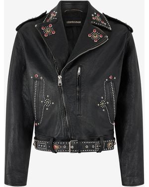 Roberto Cavalli Leather Biker Jacket With Studs And Stones - Black