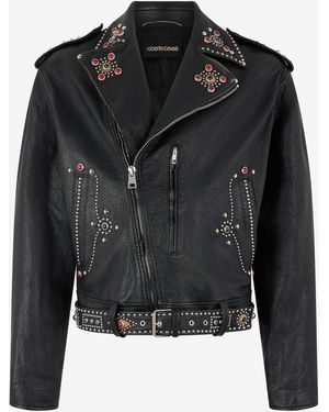 Roberto Cavalli Leather Biker Jacket With Studs And Stones - Black
