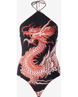 Roberto Cavalli Bodysuit With Dragon, Flowers And Fans - Red