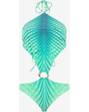 Roberto Cavalli Trikini With Optical Glass Print And Snake Ring - Green