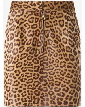 Roberto Cavalli Leather Miniskirt With Leopard Skin Print - Natural