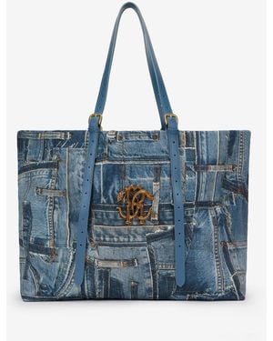 Roberto Cavalli Denim Patchwork Print Shopping Bag - Blue
