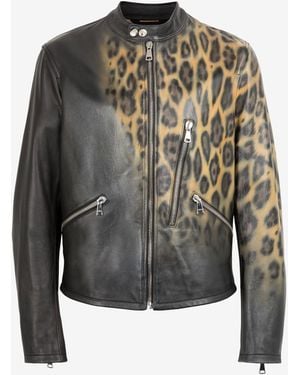 Roberto Cavalli Leopard Print Leather Bomber Jacket - Black