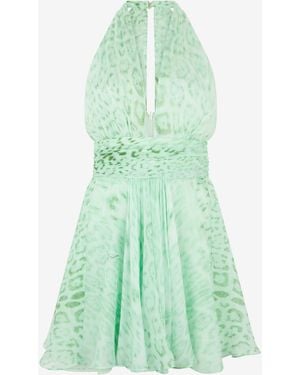 Roberto Cavalli Vestido Mini De Seda Estampado Jaguar Mint - Verde