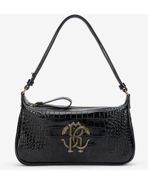 Roberto Cavalli Croc-Effect Shoulder Bag With Mirror Snake Monogram - Black
