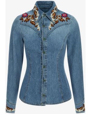Roberto Cavalli Floral Embroidered Denim Blouse - Blue