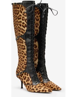 Roberto Cavalli Pointed Lace-Up Boots With Leopard Skin - Black