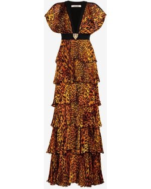 Roberto Cavalli Jaguar-Print Pleated Silk Maxi Dress - Brown