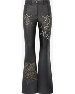 Roberto Cavalli Leather Pants With Perforated Roses - Black