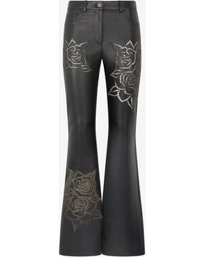 Roberto Cavalli Leather Trousers With Perforated Roses - Black
