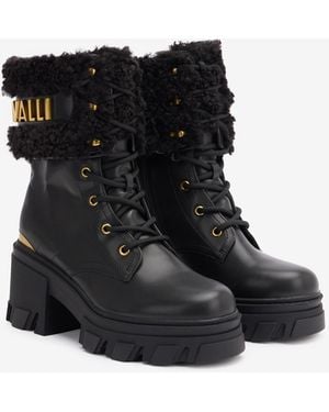 Roberto Cavalli Combat Boots With Faux Fur And Logo - Black