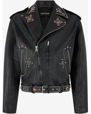Roberto Cavalli Leather Biker Jacket With Studs And Stones - Black