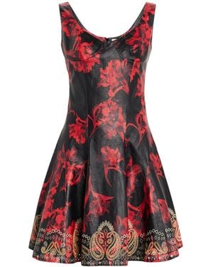 Roberto Cavalli Micro Parrot Tulip Print Leather Dress - Red