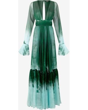 Roberto Cavalli Long Empire-Style Pure Silk Dress - Green