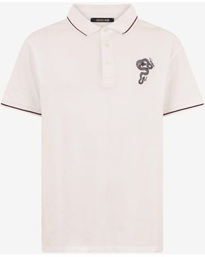 Roberto Cavalli Polo Blanc En Coton Avec Serpent Brodé - Neutre