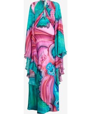 Roberto Cavalli Long Silk Dress With Cut-Out And Marble Print - White