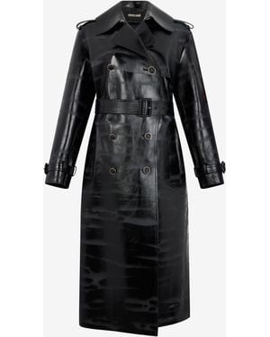 Roberto Cavalli Genuine Leather Long Trench Coat - Black