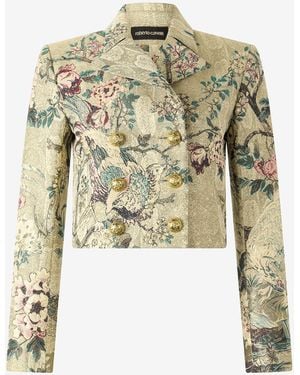 Roberto Cavalli Cropped Jacket With Oriental Bird Print - Multicolour