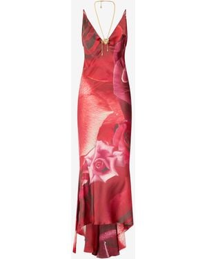 Roberto Cavalli Long Dress With Rose Print And Bejeweled Tiger - Red