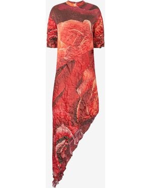 Roberto Cavalli Crinkled Asymmetric Dress With Rose Print - Red