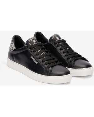 Roberto Cavalli Leather Trainer With Snakeskin-Effect Detail - Black