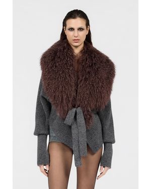 Roberto Cavalli Cardigan Gris Ceinturé À Col Bouclé - Marron