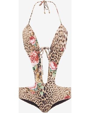 Roberto Cavalli Jaguar Roses Print One-Piece Swimsuit - White
