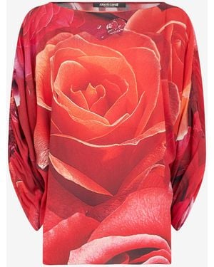 Roberto Cavalli Jumper With Gathered Sleeves And Rose Print