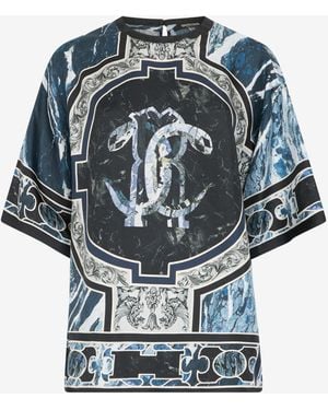 Roberto Cavalli T-Shirt With Mirror Snake Monogram And Marble Print - Gray