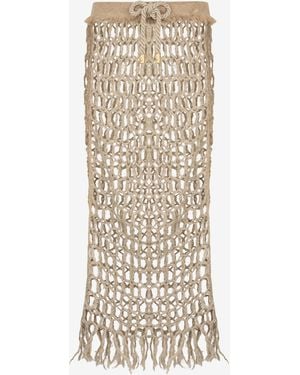 Roberto Cavalli Long Mesh Skirt With Fringes - Natural