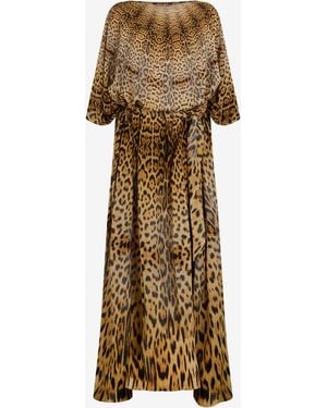 Roberto Cavalli Long Silk Dress With Jaguar Skin Print - Natural