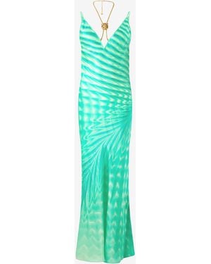 Roberto Cavalli Dress With Optical Glass Print And Necklace - Green