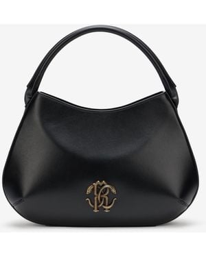 Roberto Cavalli Leather Top Handle Bag With Monogram Rc - Black